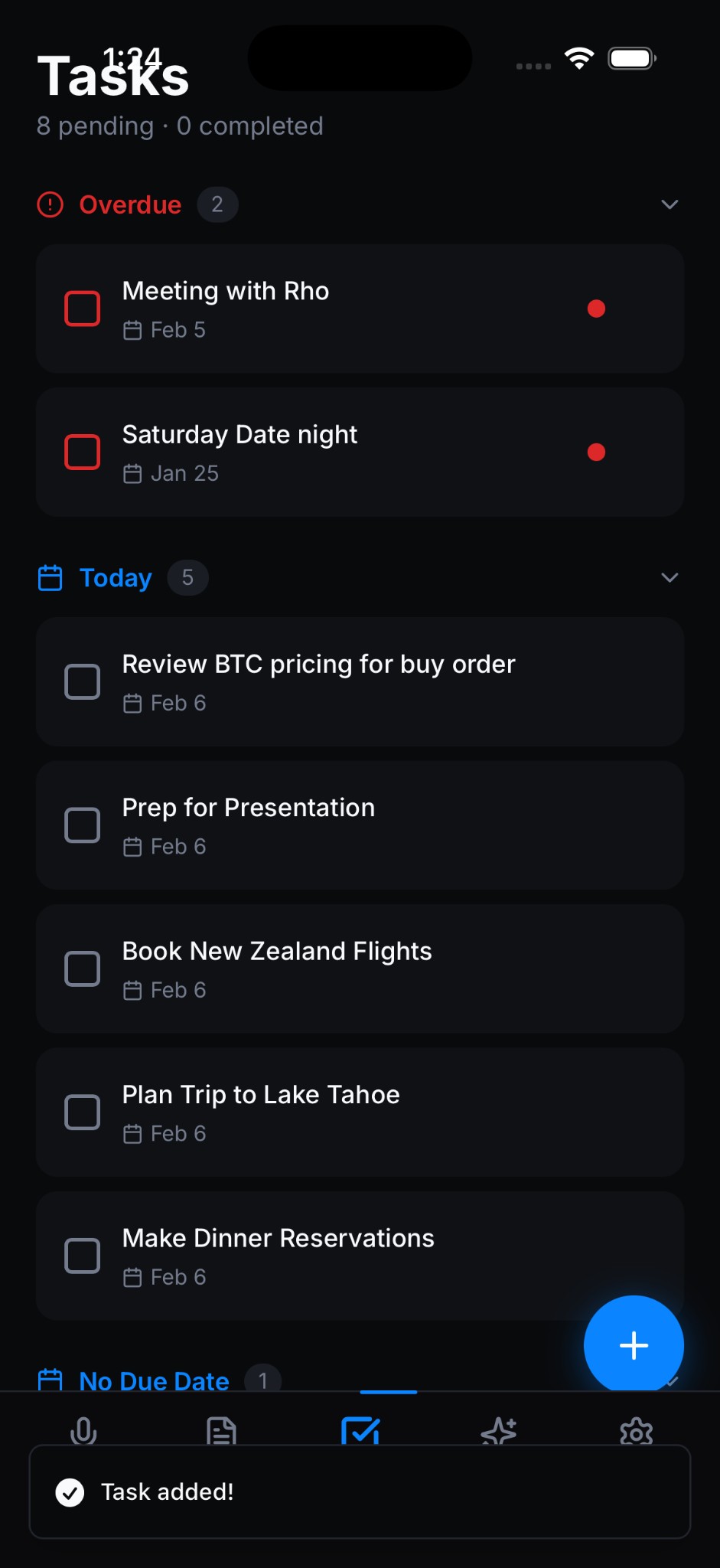 Nolio tasks screen